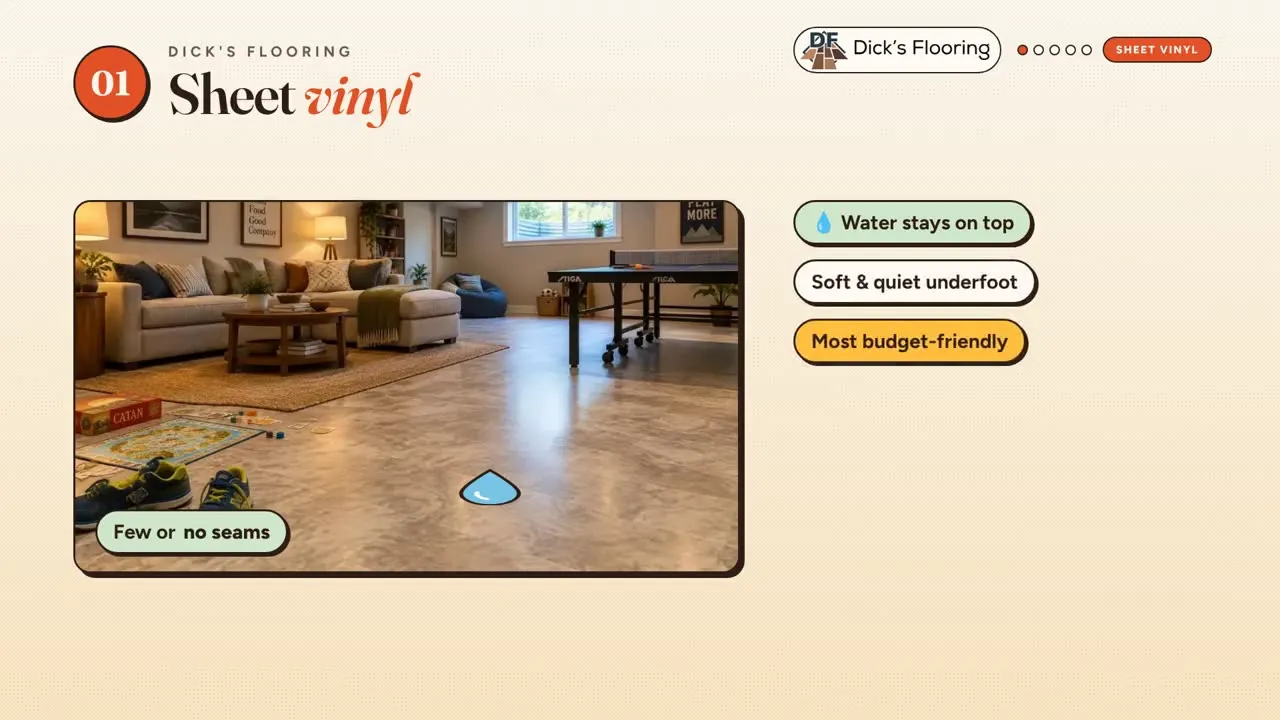 Frame from the hard-floor guide video showing five flooring jargon pills on screen