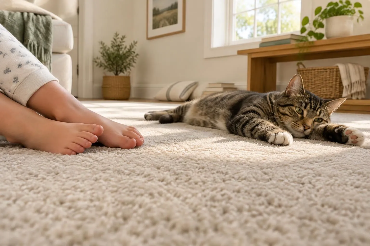 Cozy family room with oatmeal carpet, a child's bare feet and a sleeping cat