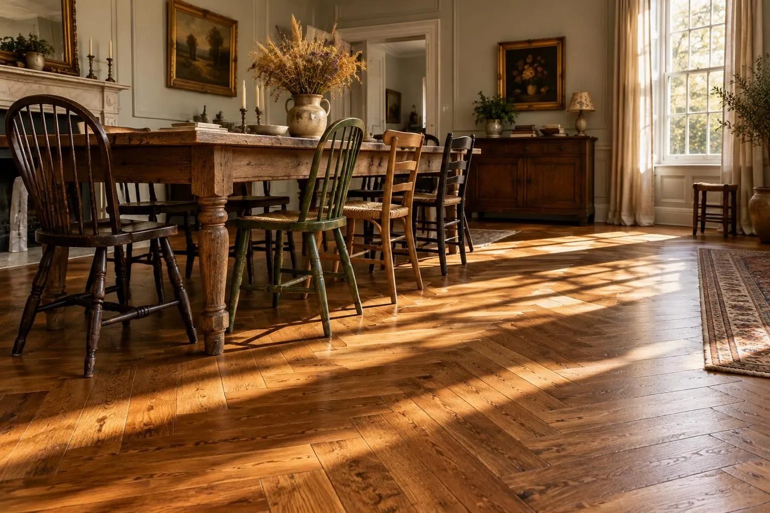 Sunlit dining room with red oak herringbone hardwood and a farmhouse table