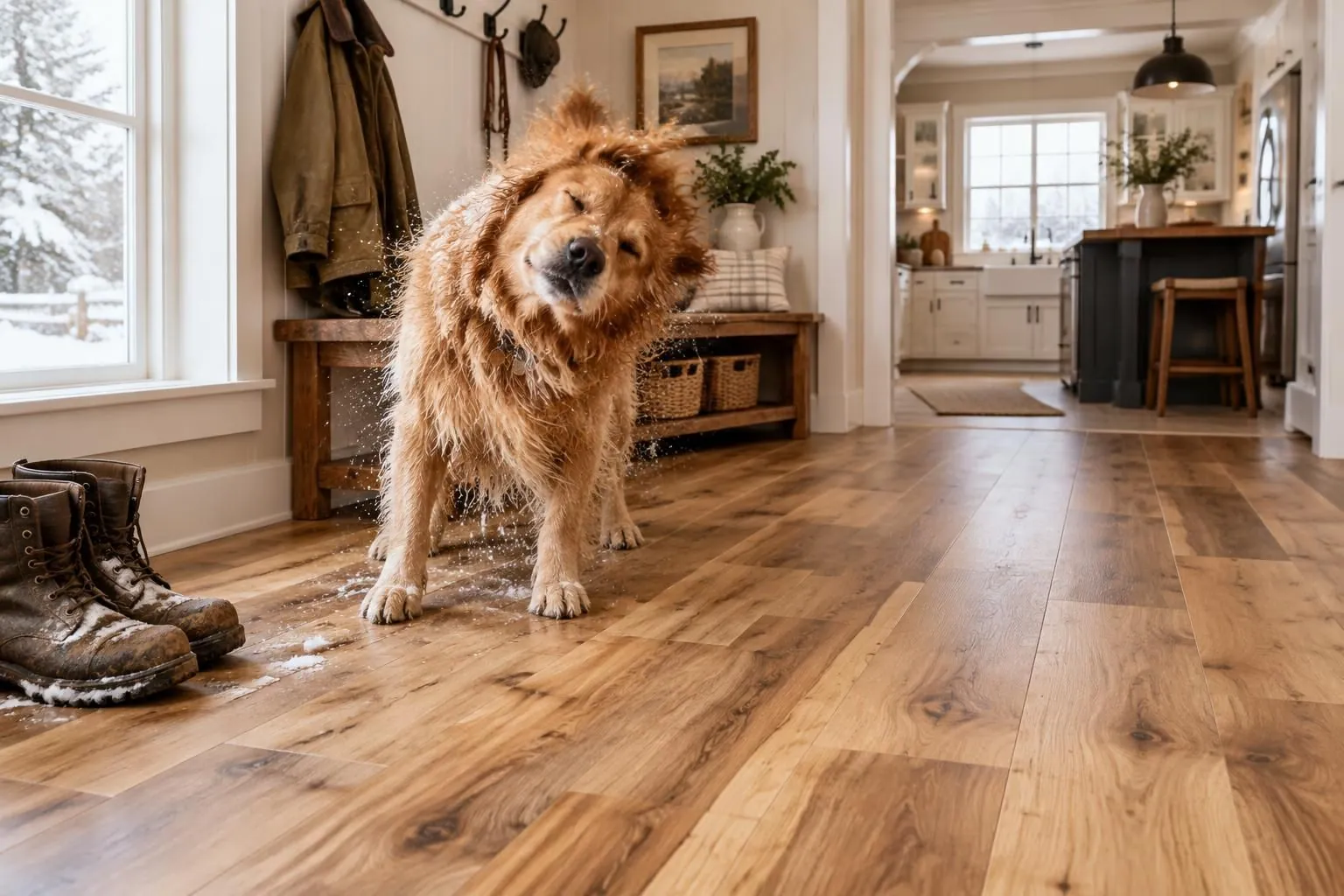 Farmhouse mudroom with honey hickory luxury vinyl plank, muddy boots and a happy dog