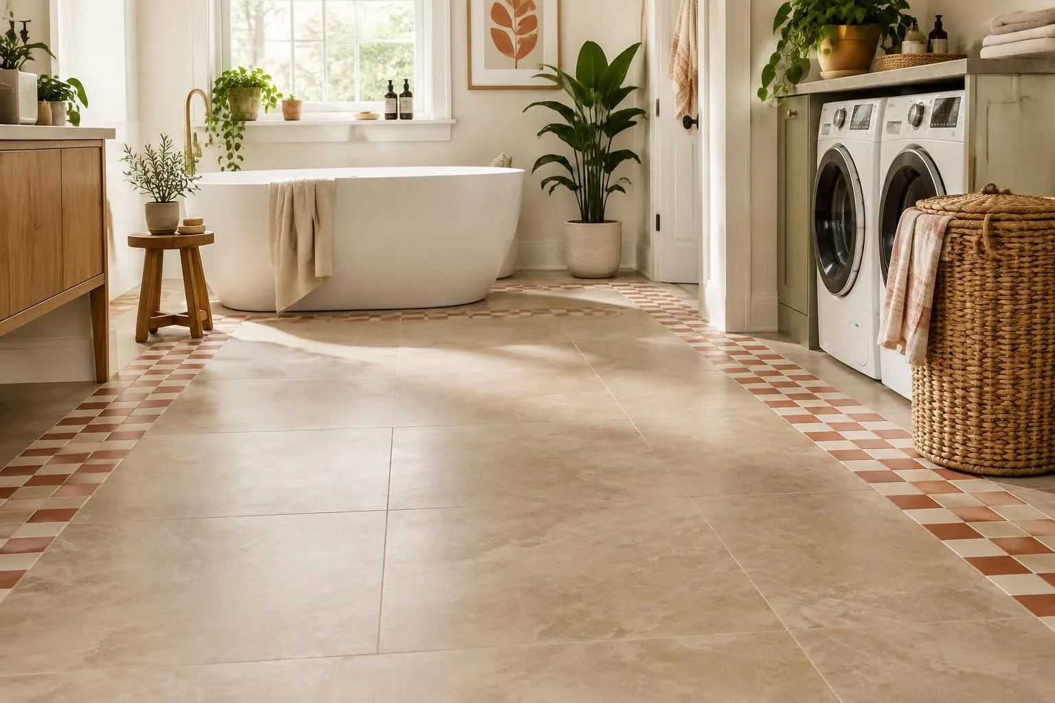 Bright bathroom with sandstone porcelain tile, a checkerboard border and a freestanding tub