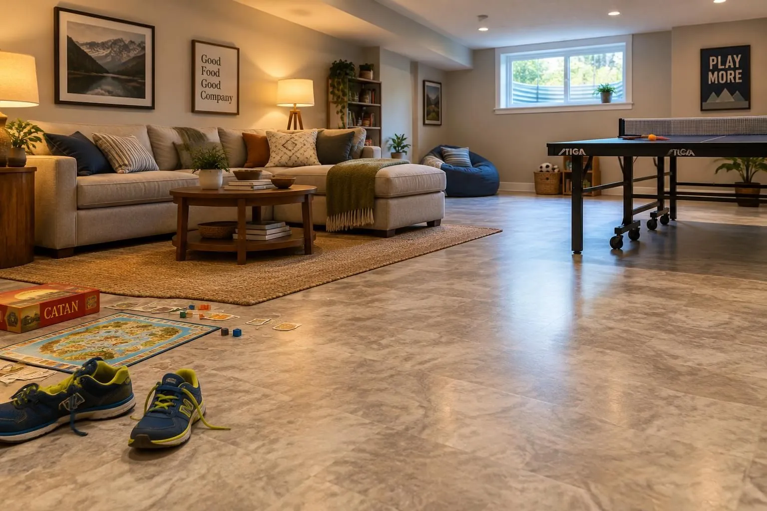 Cheerful basement family room with sheet vinyl flooring and a ping-pong table
