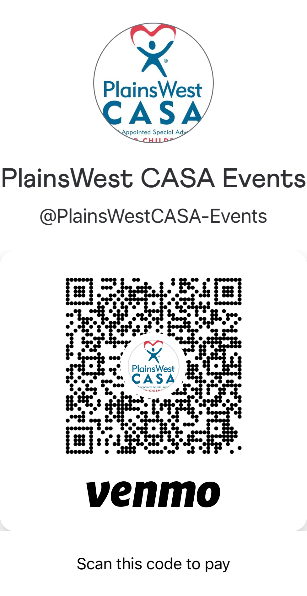 Venmo QR code for PlainsWest CASA donations